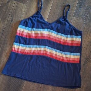 Rainbow Striped Navy Blue Spaghetti Strap V Neck Camisole Tank Top in XL